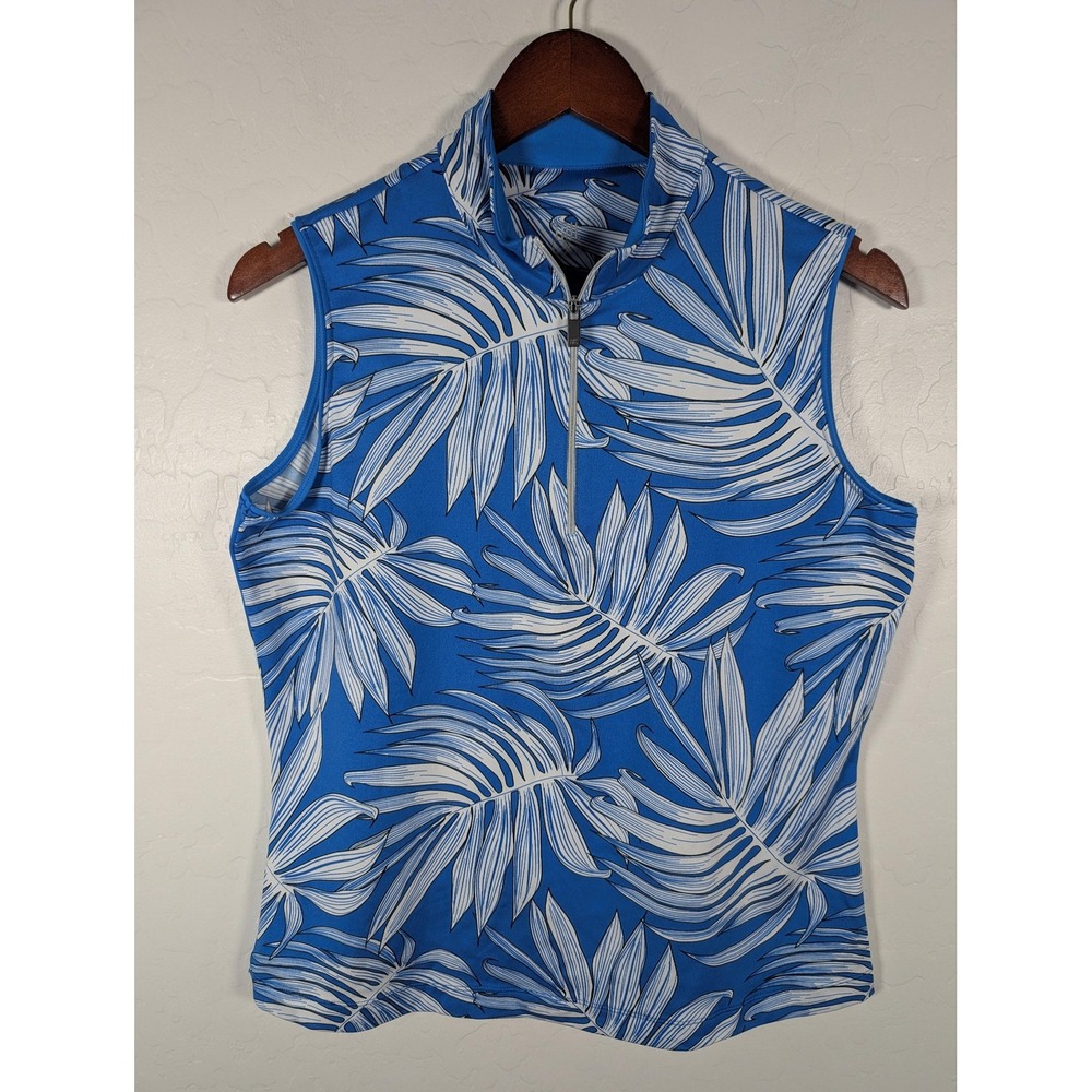 Tail Activewear Sleeveless Golf Shirt Womens Medium Blue Leaf Print Zip Pullover